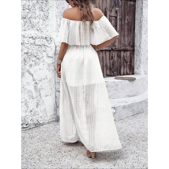 Swiss dot off the shoulder ruffle sheer maxi dress boho white - Picture 2 of 4